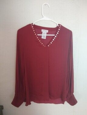 Carmen Marc Valvo Burgundy V-Neck Long Sleeve Top with Silver Stud Trim
